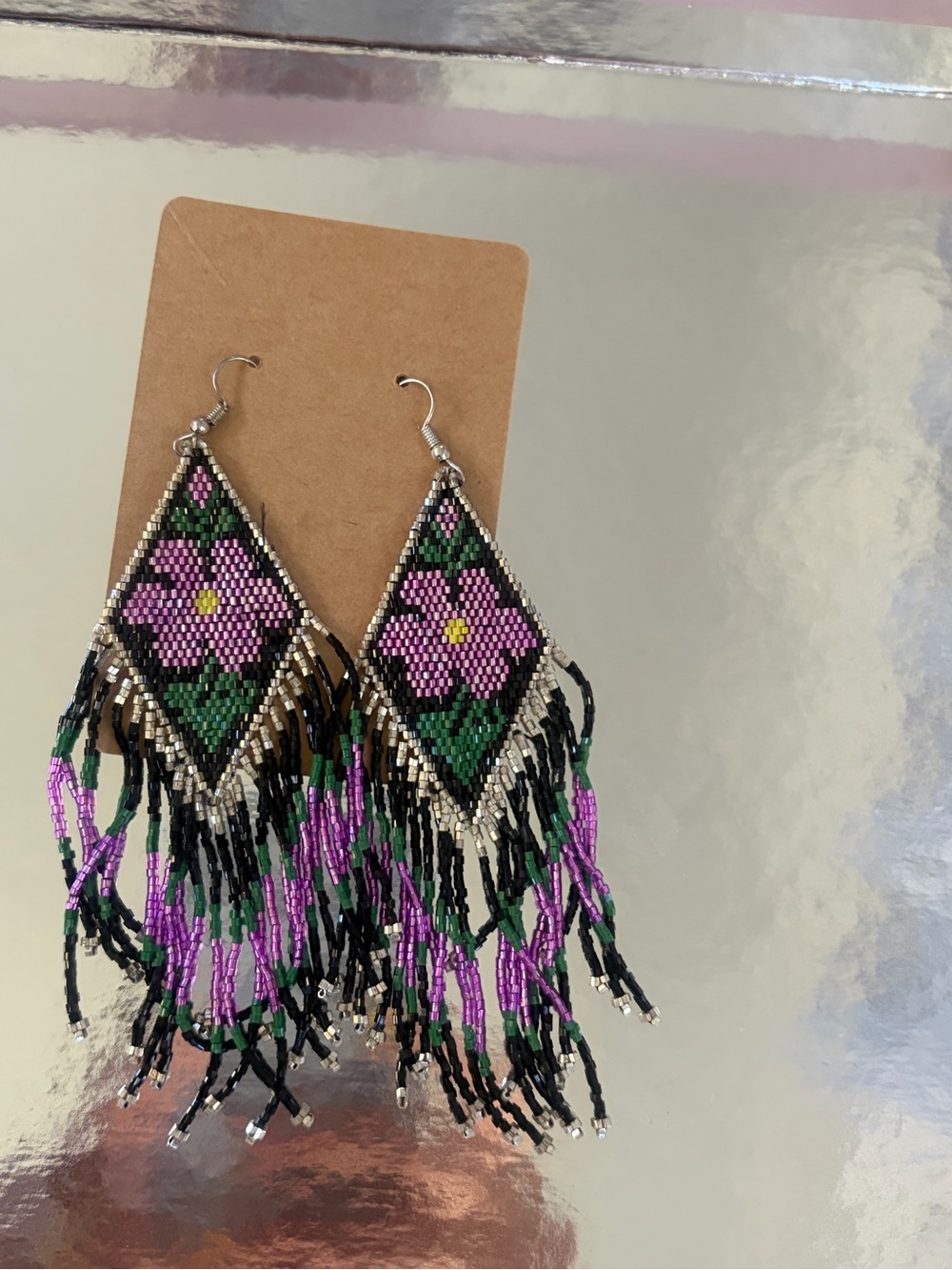 Purple Floral Beaded Fringe Earrings - Boho Statement hand made